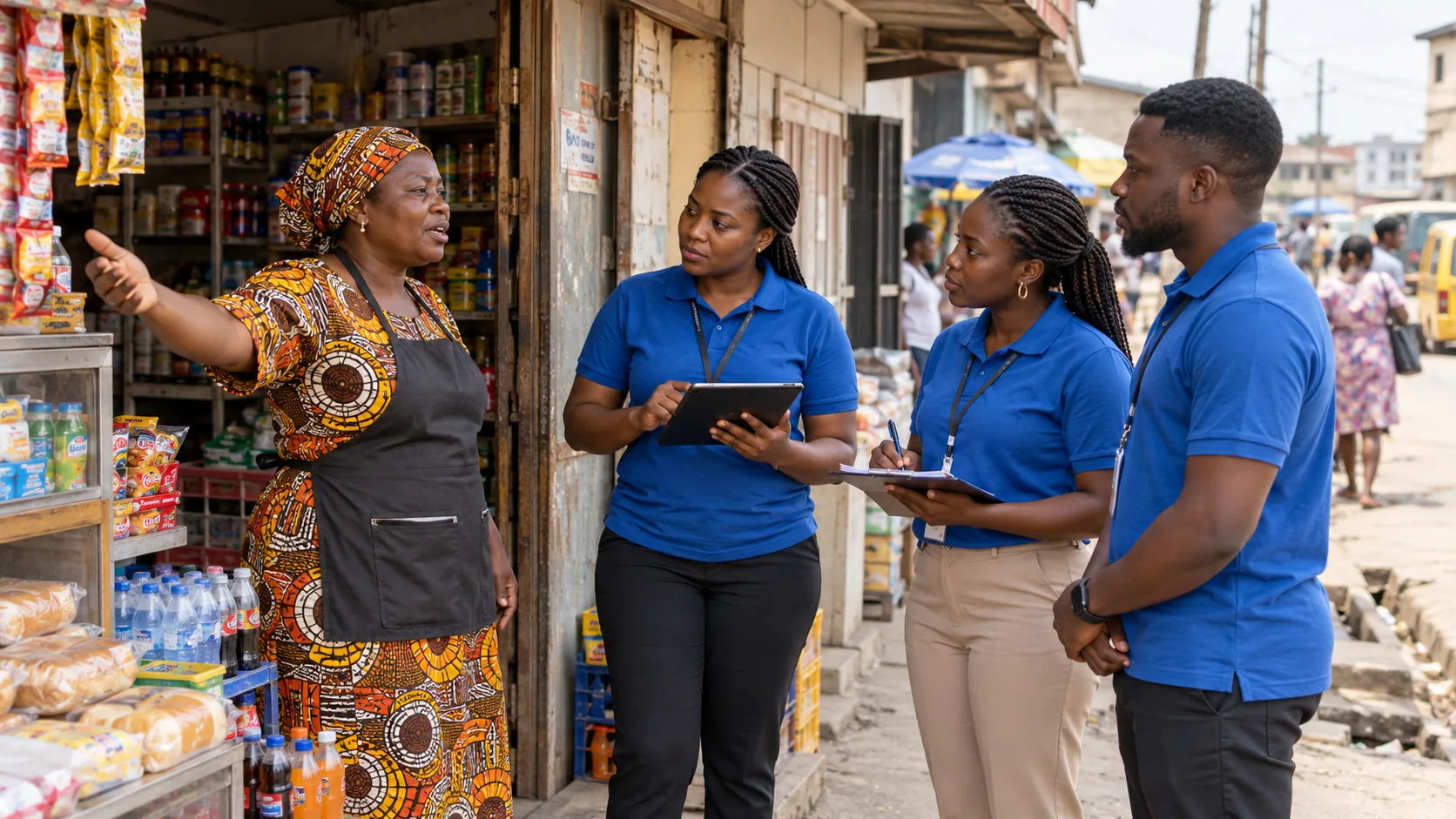 Illustration of Nigerian field agents interviewing a woman outside her neighbourhood shop